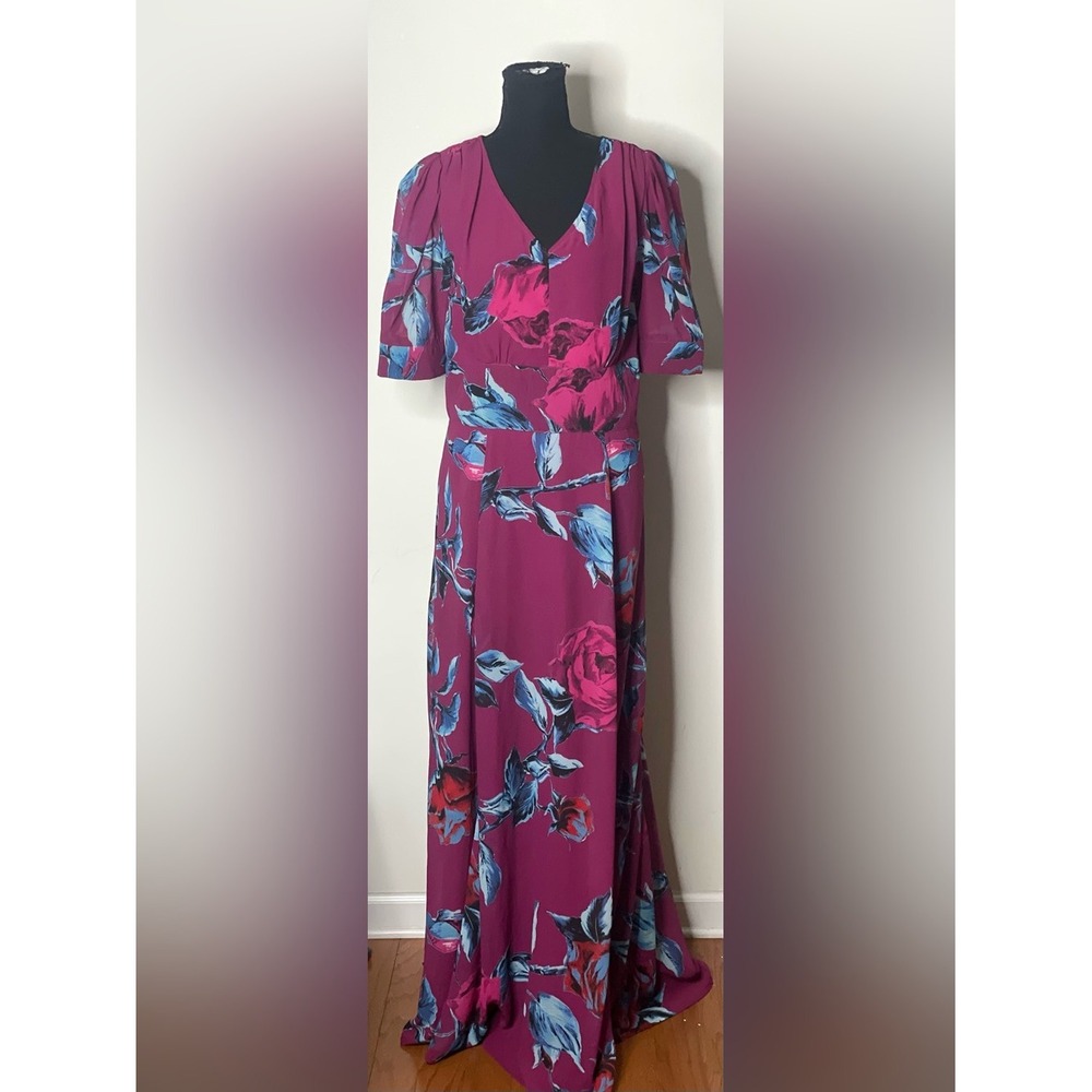 Eshakti-‎ Plum Floral Rose V-Neck Maxi Dress Short Puff Sleeve Special Occasion - Picture 2 of 12